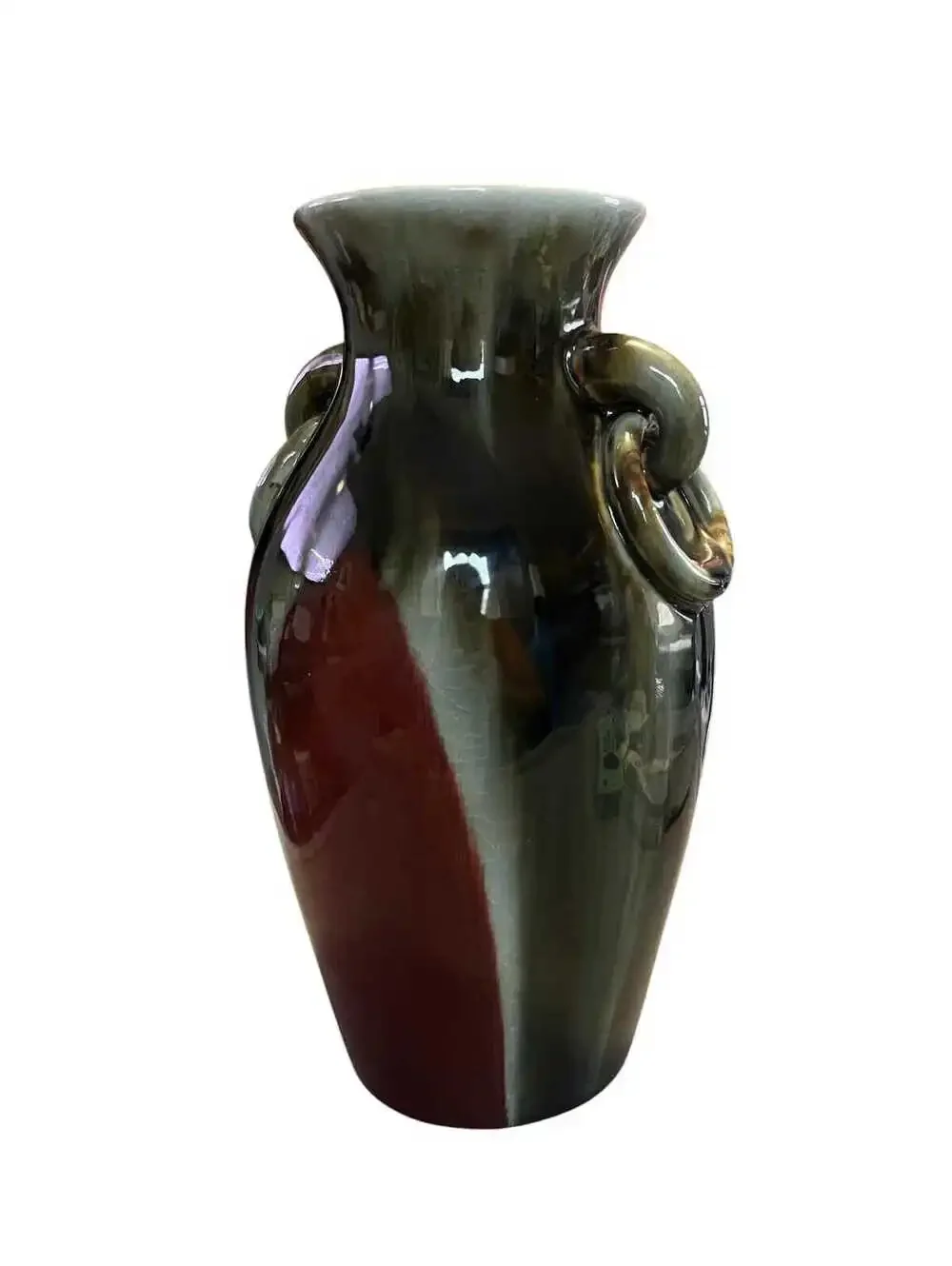 Vintage 10” Drip Glaze Art Pottery with Handles Oxford Red & Green Finish